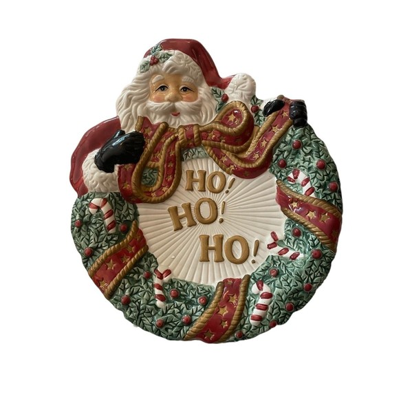 Fitz and Floyd Essentials 2002 Santa Wreath Ho! Ho! Ho! Canape Plate 8.5X9.5X1.5 - Picture 1 of 4
